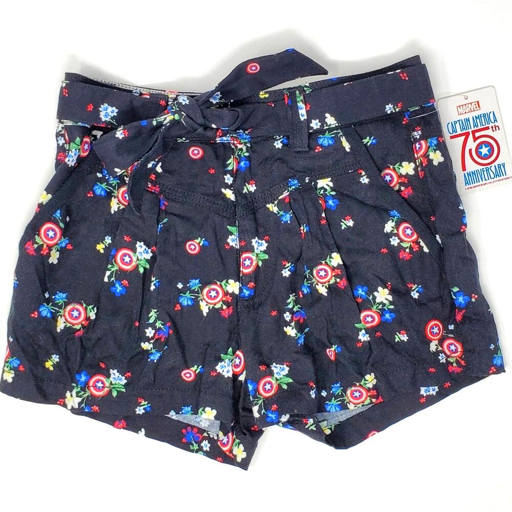 NWT Marvel Captain America Shield Floral Shorts XS 75th Anniversary Belt